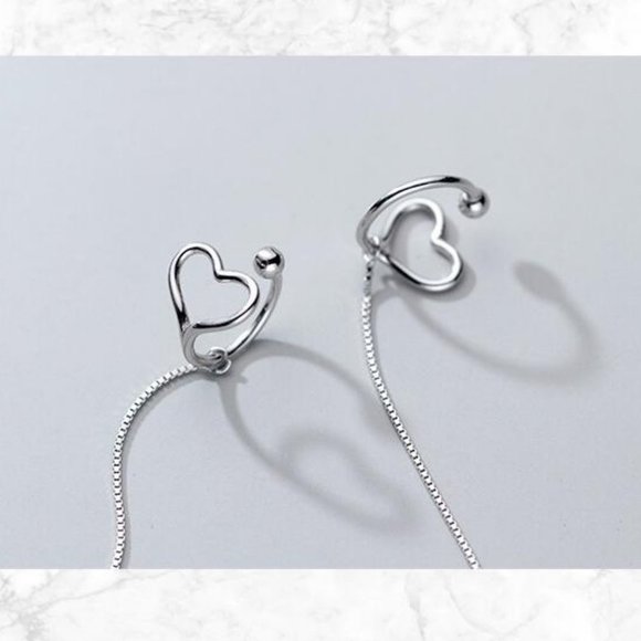 *NEW 925 Sterling Silver Heart Cuff Chain Earrings - Picture 9 of 10